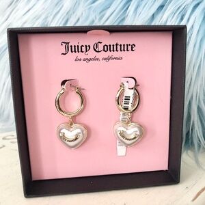 Juicy Couture Gold Tone Faux Pearl Heart Fashion Drop Earrings, New In Box